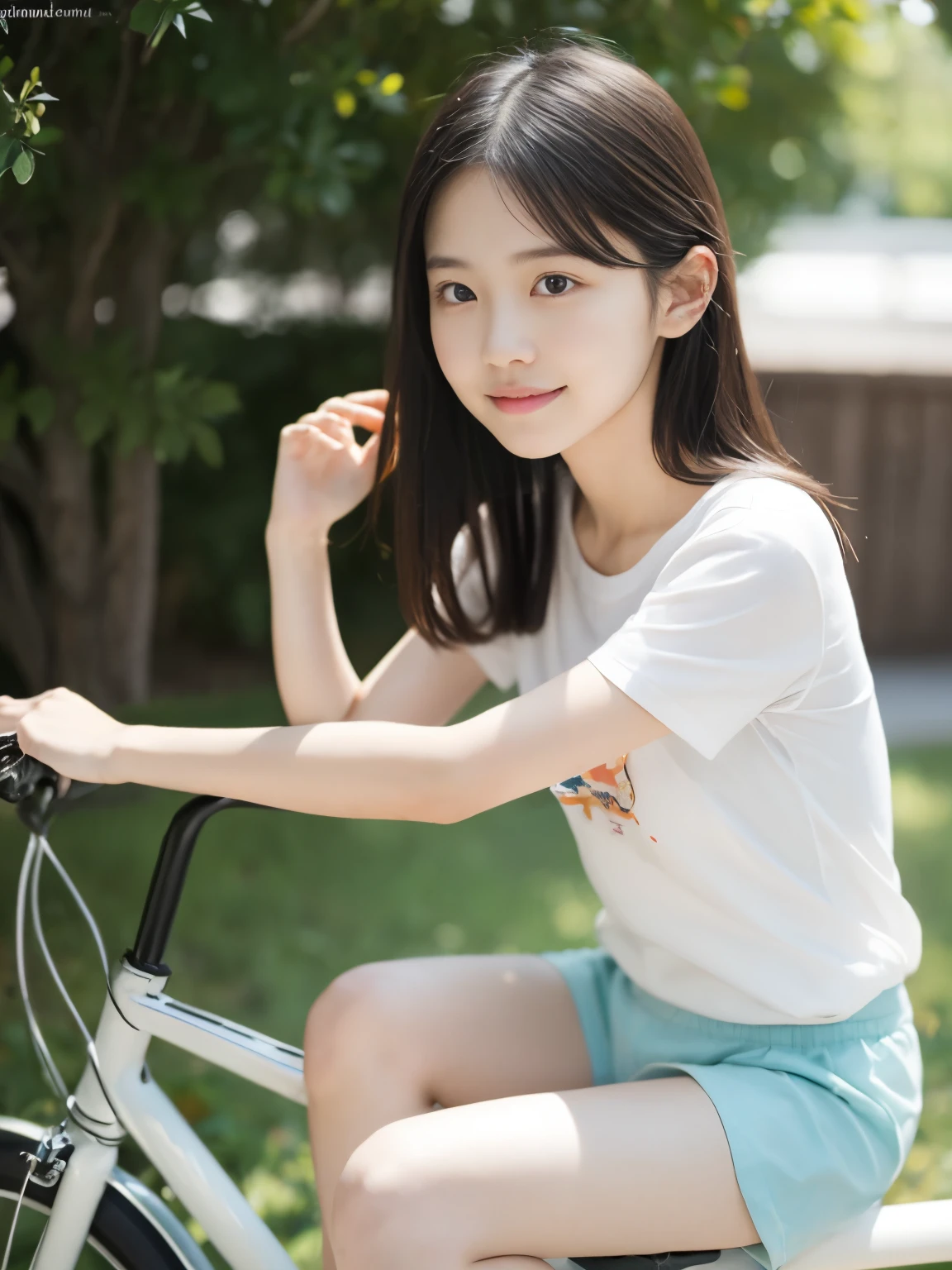 masterpiece, highest quality, 8K, 14 years old , RAW photo, award-winning portraits, alone, noon, idol face,whole body,violaces, delicate girl, whole body, Completely naked、Digital single-lens reflex camera, looking at the viewer, shy smile、shame、flushed cheeks、thin arms, small breasts, nipple, small ass、thin waist、Frank, Sophisticated, like々New, thin arms, professional lighting, film grain, black eyes,chromatic aberration, (detailed eyes and face:1.0), (Bokeh:1.1),(hyper pretty face:1.2),(short sleeve shirts:1.3),(pale color short pants:1.3),(whole body, above the knee:1.3),(cute girls ride the bicycle:1.3),(angle from the side:1.3),(cute butt:1.3),(transparent panties:1.3), looking at the viewer