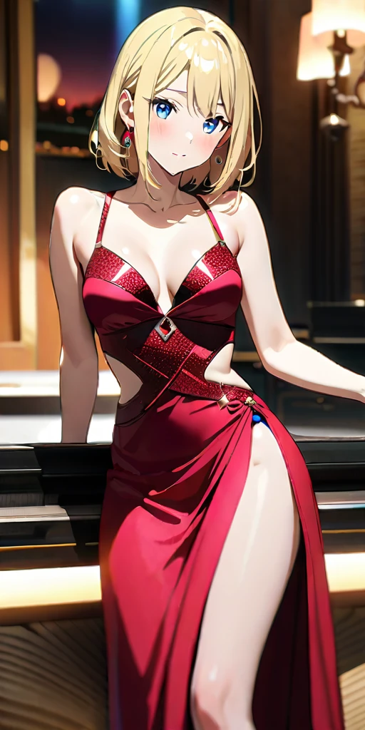 ((Highest quality、masterpiece、anime style、best quality、high resolution、8k、detailed、ultra-detailed:1.3))、Long legs:1.2, Beautiful woman with perfect figure:1.4、(Smiling:1.2), double eyelid、30-year-old female、((((One Woman,beautiful face,Beautiful face、night,upper body:1.5)))),Big Breasts、High resolution, accurate, Anatomically correct, High-resolution model, high quality, Very detailed, Ultra high definition,evening gown,dress,cabaret girl, hostesses、anime, Blonde, accessories, Earrings, Luxury Lounge