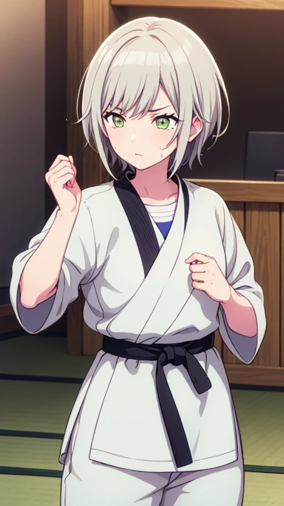 ((masterpiece, Highest quality, Very detailed, Very nice 8K CG wallpaper)), , A little thick, Medium Hair, White Hair, short hair, Yellow-green eyes,judo player、長袖judo着、Large bust、ロングjudoパンツ、judo、Serious expression、Inside the judo Gymnasium、、On the tatami、discovery、One Girl、Combat Stance、A tough fight、Shiho Hinomori、Bust Size: B cup、A boy holding both of her wrists、Kissed by a boy、Reddening of the face、Sweating