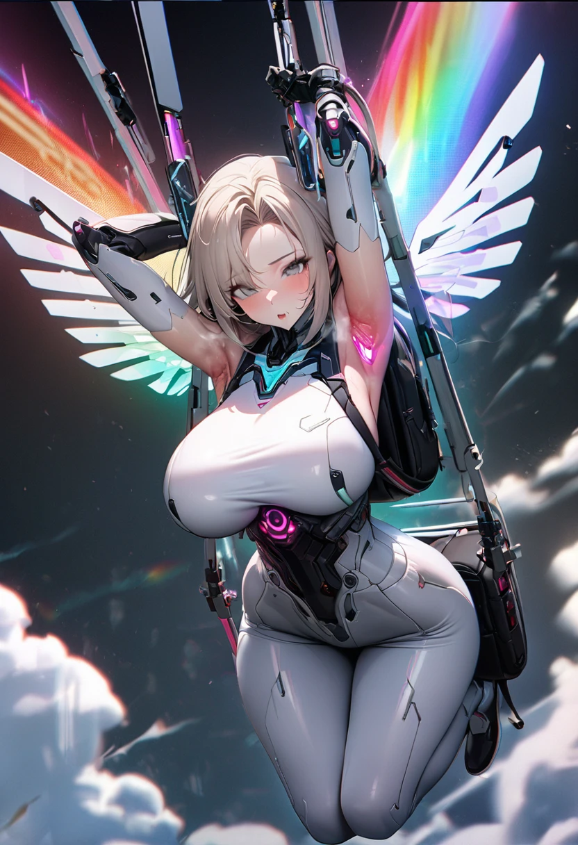 (8k, best quality, masterpiece:1.2),\(Eye details\),\(Facial features details\),(\(Clothes details details\)\),(1 girl:1.3),独奏,full body,silicon dioxide,milf,Light hair,Long hair,Gray Eyes,cyber punk,(Bionic Man:1.4),(cyber angel),(LCD screen,Blue signal light)Luminous parts,Mechanical Parts,screw,(steam)Armpit,(Light Wing Flight Backpack,Rainbow light flight effects),large breasts,huge breasts,Slim waist,Suspension,anti-gravity,[Refer to Iron Man&#39;s mecha],Mecha Valkyrie,arms up,