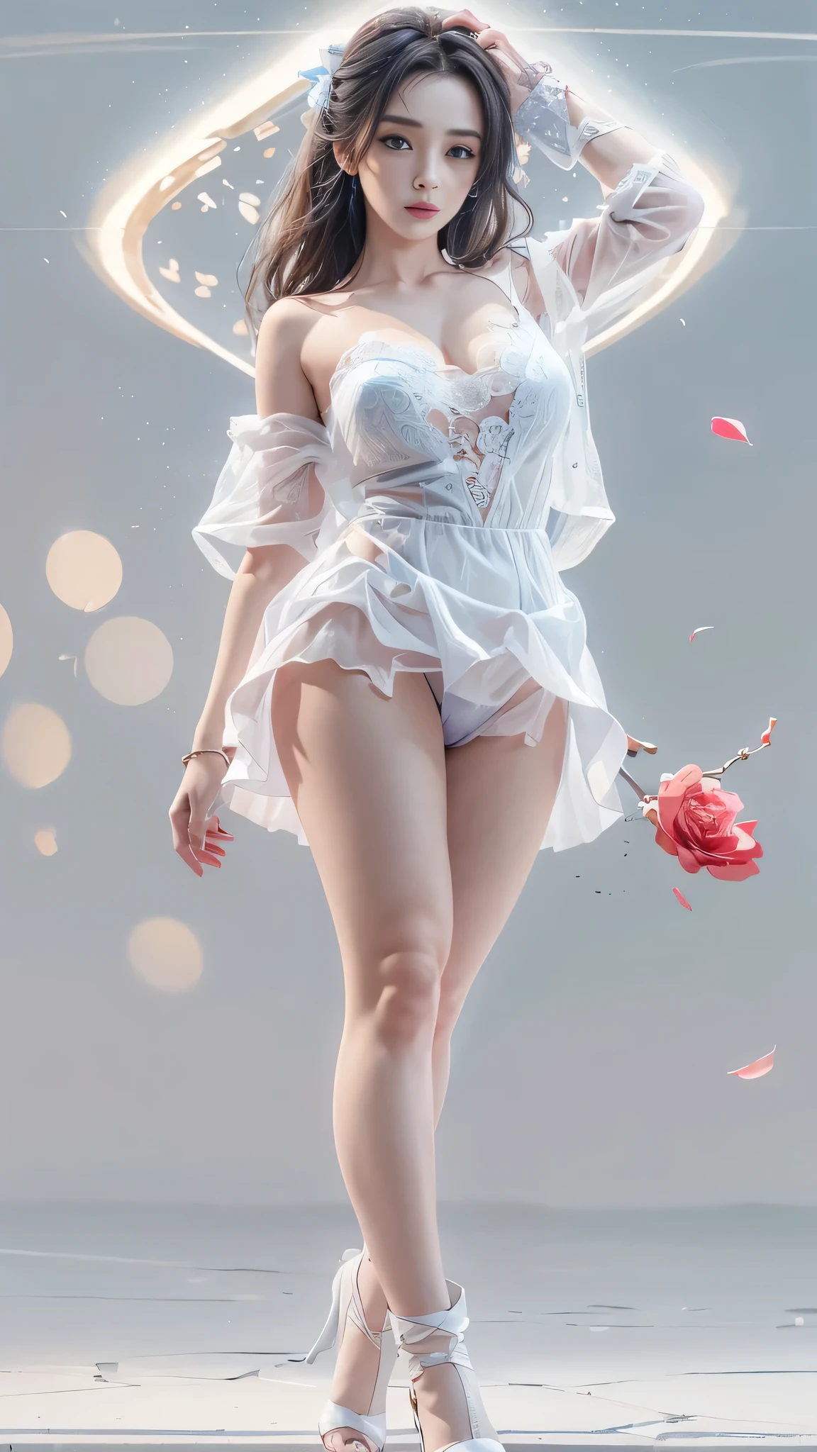 (Girl in a semi-transparent one-shoulder white miniskirt dress), (フォトRealistic:1.4), (ハイパーRealistic:1.4), (Realistic:1.3), (Smooth lighting:1.05), (Cinematic Lighting Quality Improvements:0.9),. 32K, 1 Girl,20 year old girl, Realistic lighting, Backlight, Face light, Ray tracing, (Brightening light:1. 2), (Image quality improvement:1.4), (Highest quality realistic textured skin:1. 4),(Big Blue Eyes), Detailed drawn eyes、Detailed painted face、Fine textured eyes、(tired、sleepy、satisfaction:0.0)、A shirt that shows off a lot of cleavage、(Accentuates the body line:1.1)、(Beautiful textured skin:1.1)、(Red petals are flying)、(Black lace panties are visible)、Slim long legs、