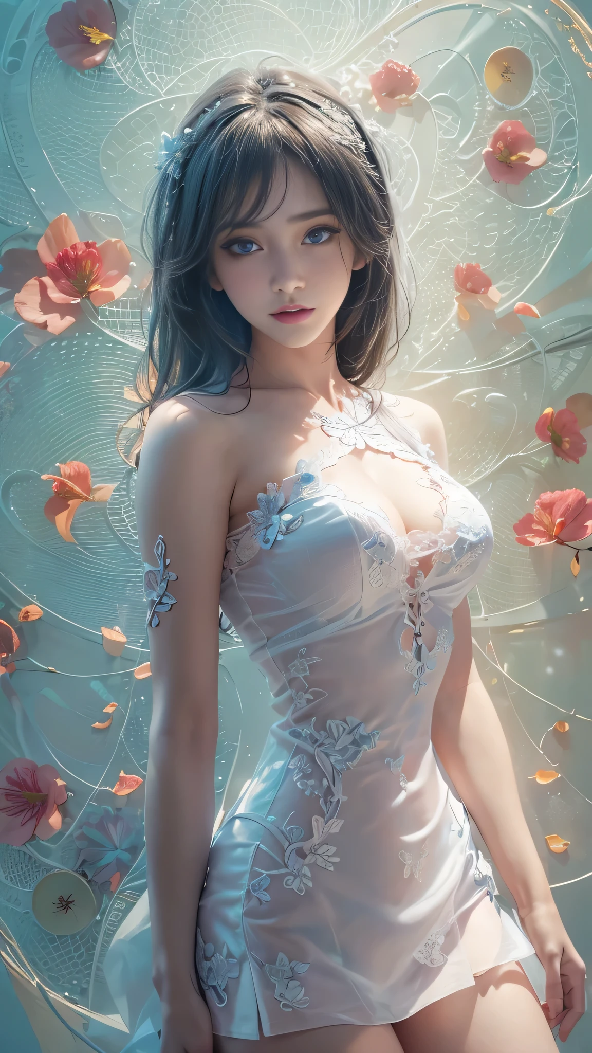 (Girl in a semi-transparent one-shoulder white miniskirt dress), (フォトRealistic:1.4), (ハイパーRealistic:1.4), (Realistic:1.3), (Smooth lighting:1.05), (Cinematic Lighting Quality Improvements:0.9),. 32K, 1 Girl,20 year old girl, Realistic lighting, Backlight, Face light, Ray tracing, (Brightening light:1. 2), (Image quality improvement:1.4), (Highest quality realistic textured skin:1. 4),(Big Blue Eyes), Detailed drawn eyes、Detailed painted face、Fine textured eyes、(tired、sleepy、satisfaction:0.0)、A shirt that shows off a lot of cleavage、(Accentuates the body line:1.1)、(Beautiful textured skin:1.1)、(Red petals are flying)、(Black lace panties are visible)、Slim long legs、