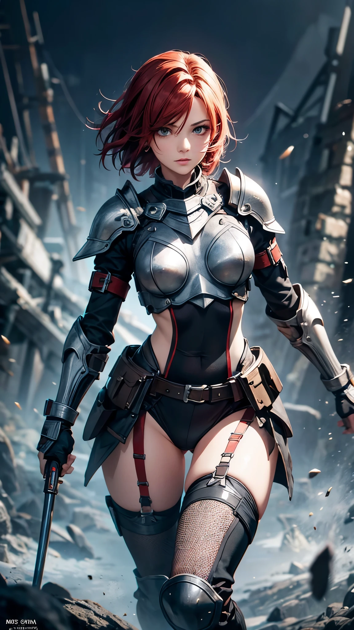 1girl,full body,red short hair,female knight,dirty armor,helmet,elbow guards,knee pads,((fishnet stockings,thigh high boots)),(best quality,4k,8k,highres,masterpiece:1.2),ultra-detailed,(realistic,photorealistic,photo-realistic:1.37),detailed face,beautiful detailed eyes,beautiful detailed lips,extremely detailed eyes and face,long eyelashes,dynamic pose,dramatic lighting,muted color palette,cinematic composition