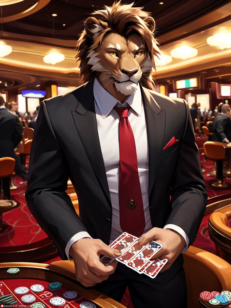 posted on e621, (by Chunie), male, furry, Lion anthro, solo, Yellow eyes, (Realistic eye details 1.2), casino, Black suit, Red tie, win the game, Poker Texas hold'em, Five-card draw, Omaha hold'em), the place is busy with people around the casino, Slim body, full body like, Abstract beauty, ultra detailed face, depth of field, motion blur, high details, high quality, award winning, HD, 16k, (best quality,4k,8k,highres,masterpiece:1.2),ultra-detailed,realistic:1.37,HDR,UHD,studio lighting,extreme detail description,professional,vivid colors,bokeh,lively atmosphere, natural lighting