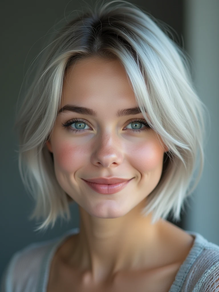 (RAW photo, best quality, masterpiece: 1.2), (photorealistic: 1.4), 20 years old, Beautiful Russian woman, solo, detail face, detail eyes, detailed skin, light gray eyes, light gray hair, short straight bob cut, Symmetrical eyes, medium breast, like a model, looking at viewer, smile,
