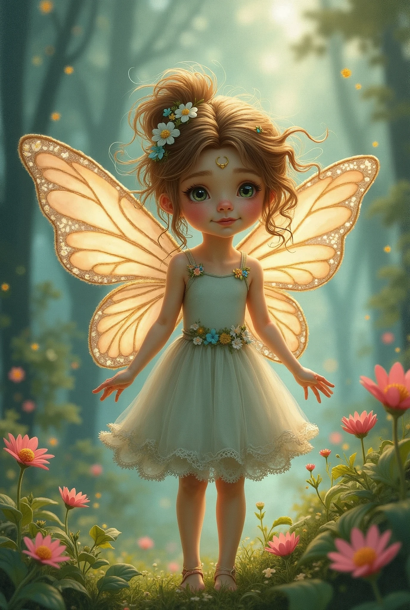 Shabby chic dreamy glows pastel woodland freckled fairy girl swirling magical fairytale abstract ArtStation style