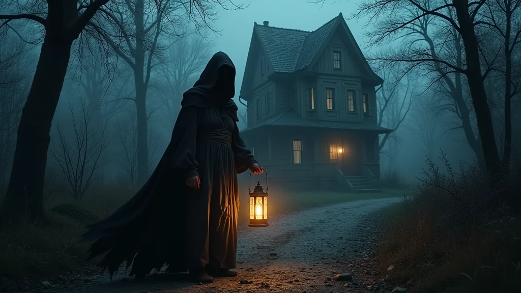 A chilling night scene taken in a dimly lit forest, with a dark, foggy atmosphere. In the foreground, a mysterious figure in a long, tattered cloak holds a flickering lantern, casting eerie shadows on the ground. The background reveals an old, abandoned house with broken windows and ivy covering its walls. The overall ambiance is that of an unsettling and spine-chilling dark fantasy horror story., dark fantasy, photo