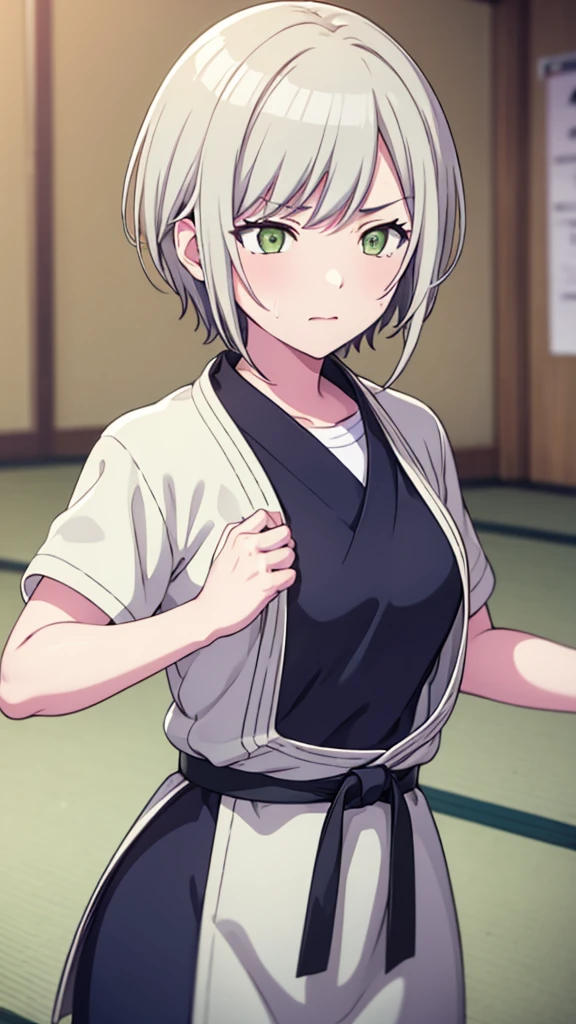 ((masterpiece, Highest quality, Very detailed, Very nice 8K CG wallpaper)), , A little thick, Medium Hair, White Hair, short hair, Yellow-green eyes,judo player、長袖judo着、Large bust、ロングjudoパンツ、judo、Serious expression、Inside the judo Gymnasium、、On the tatami、discovery、One Girl、Combat Stance、A tough fight、Shiho Hinomori、Bust Size: B cup、A boy holding both of her wrists、Kissed by a boy、Reddening of the face、Sweating