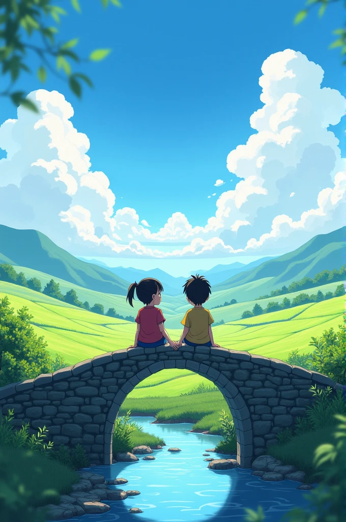 In the summer, two children sit on an old stone bridge over flowing water in a rural area of China and watch as white clouds float across the blue sky, surrounded by lush green fields under sunlight, creating a picturesque scene of tranquility and beauty. This illustration, inspired by anime style, high resolution, high quality, high detail, high noise, fine details, captures the essence of a serene countryside day while focusing on the children's faces.