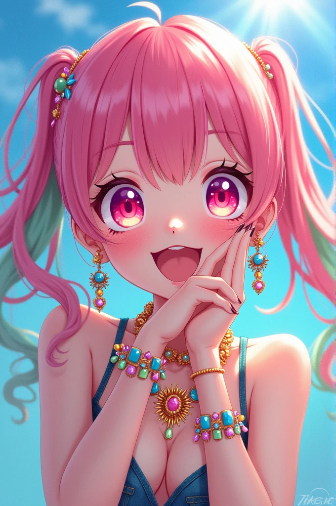 Bright sunlight pours down in the upper right of the frame,A hyperrealistic airbrush illustration of "hikari" the cute cartoon character with pink and green hair, smiling and showing off her bright colorful necklace while wearing candy earrings and bracelets. She has long nails decorated in jewels, her eyes have pink frames, the background is blue. The style is vibrant digital art in the style of Hajime Sorayama.