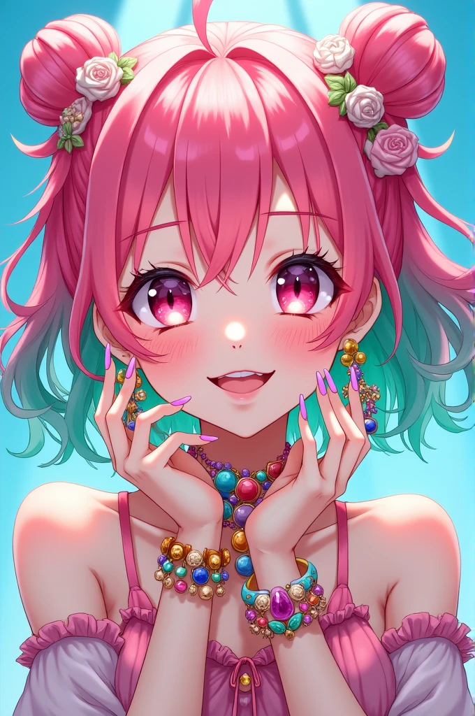 Bright sunlight pours down in the upper right of the frame,A hyperrealistic airbrush illustration of "hikari" the cute cartoon character with pink and green hair, smiling and showing off her bright colorful necklace while wearing candy earrings and bracelets. She has long nails decorated in jewels, her eyes have pink frames, the background is blue. The style is vibrant digital art in the style of Hajime Sorayama.