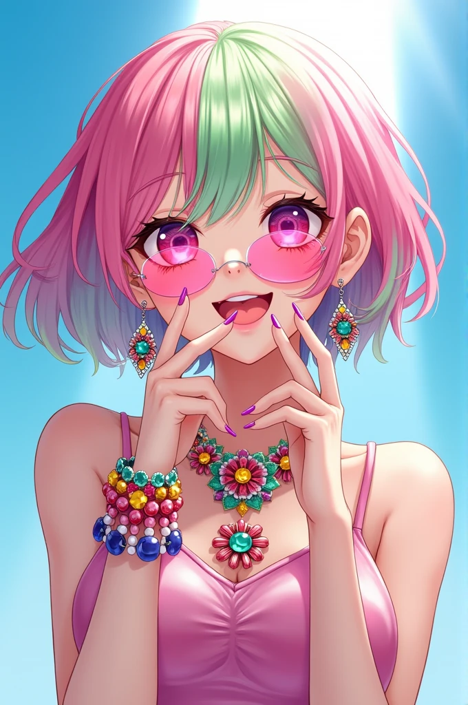 Bright sunlight pours down in the upper right of the frame,A hyperrealistic airbrush illustration of "hikari" the cute cartoon character with pink and green hair, smiling and showing off her bright colorful necklace while wearing candy earrings and bracelets. She has long nails decorated in jewels, her eyes have pink frames, the background is blue. The style is vibrant digital art in the style of Hajime Sorayama.