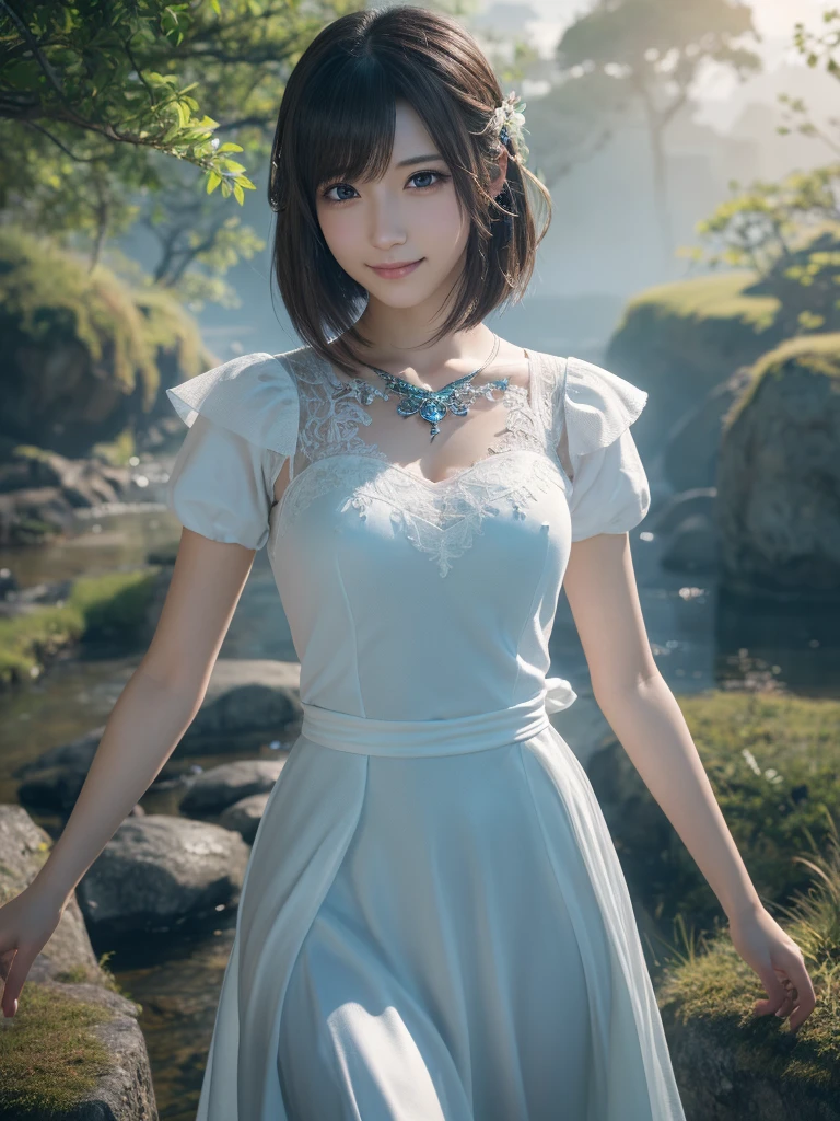 フェイスクローズアップ,beautiful detailed eyes, droppy eyes,beautiful detailed lips, extremely detailed eyes and face, long eyelashes, 1japanese girl, fantasy character, (Final Fantasy, yuuna),smile,short hair,elegant white dress,break, blue long skirt,break,magical girl, highly detailed, fantasy landscape, dramatic lighting, glowing effects, mist, intricate details, volumetric lighting, cinematic composition, hyper realistic, 8k, best quality, masterpiece, photorealistic,Highres fix