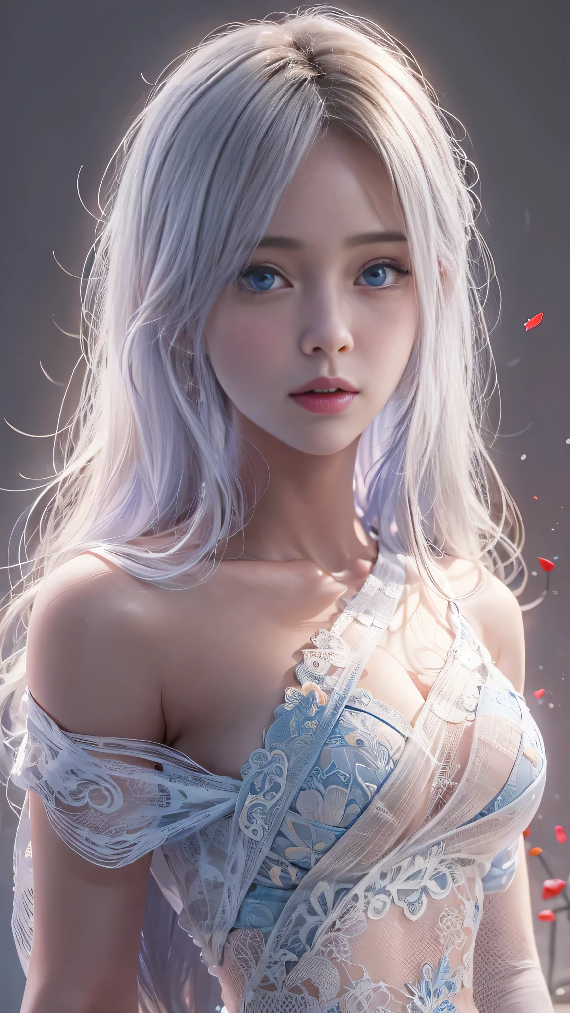 (Girl in a semi-transparent one-shoulder white miniskirt dress),(Rear view)、(look back)、 (フォトRealistic:1.4), (ハイパーRealistic:1.4), (Realistic:1.3), (Smooth lighting:1.05), (Cinematic Lighting Quality Improvements:0.9),. 32K, 1 Girl,20 year old girl, Realistic lighting, Backlight, Face light, Ray tracing, (Brightening light:1. 2), (Image quality improvement:1.4), (Highest quality realistic textured skin:1. 4),(Big Blue Eyes), Detailed drawn eyes、Detailed painted face、Fine textured eyes、(tired、sleepy、satisfaction:0.0)、A shirt that shows off a lot of cleavage、(Accentuates the body line:1.1)、(Beautiful textured skin:1.1)、(Red petals are flying)、(Black lace panties are visible)、Slim long legs、