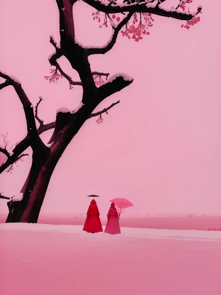 Two people walking in the snow with umbrellas, Pink Zen Style, pink and red colors, In a red dream world, in Pink Forest, inspired by Scarlett Hooft Graafland, Pink Landscape, Inspired by Petrus Christus, Takato Yamamoto. 4K, Pink Forest, Animation movie stills, author:Ker-Xavier Roussel
