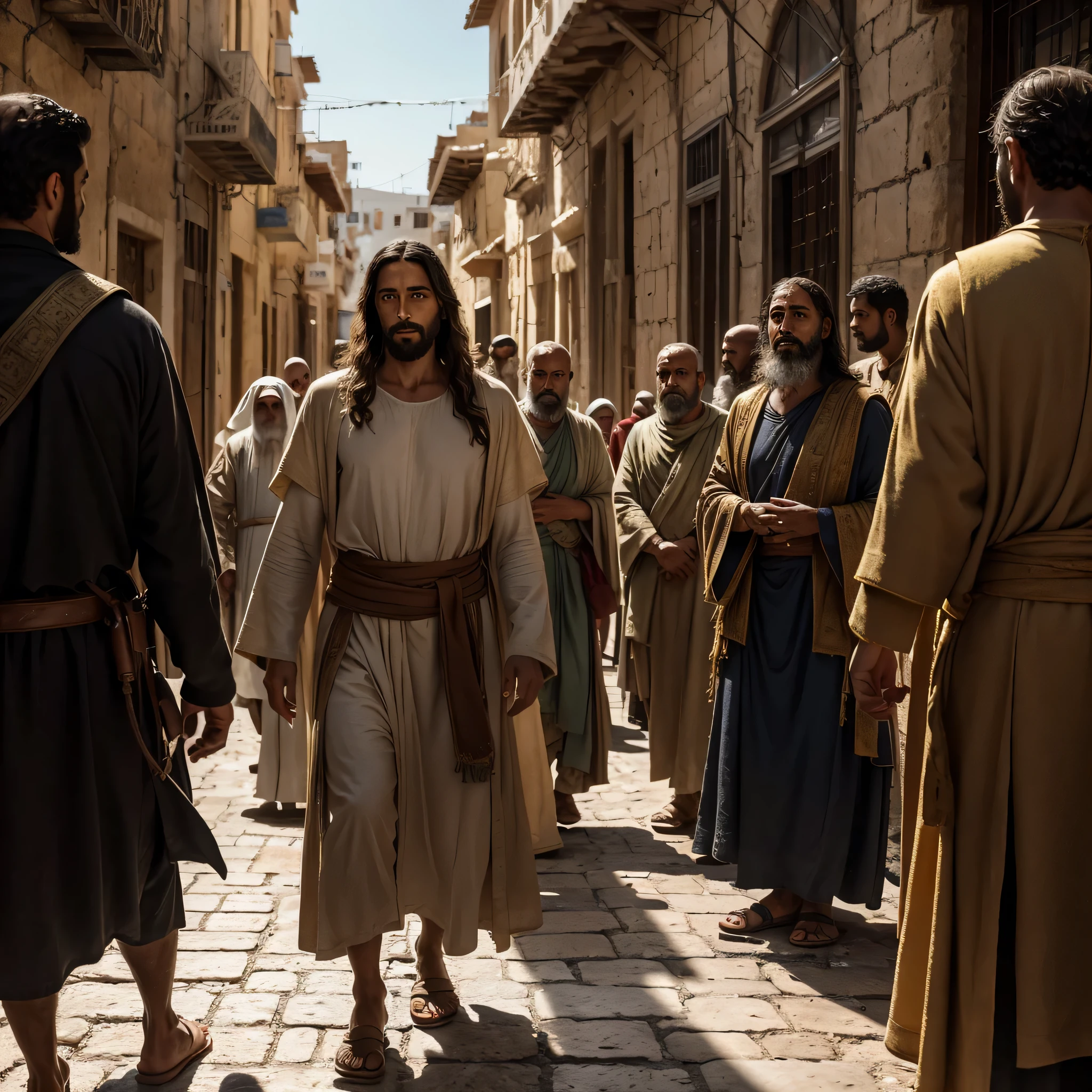 Jesus, illuminated by the intense midday sun, walks alongside his disciples, a talk unfolds to an attentive crowd gathered near the market of Capernaum, textures of ancient clothing and cobblestone streets reproducing the scene in cinematic detail, captured in 8K resolution, stunning realism, dramatic lighting, golden ratio composition.