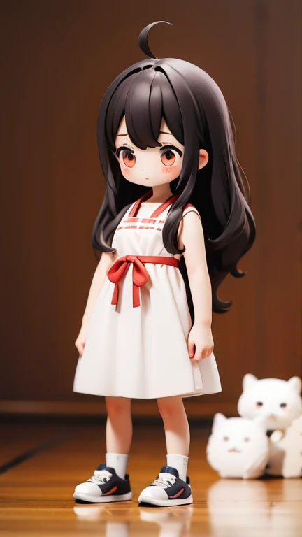 girl　Primary school students　若いgirl　小さいgirl　height: 130cm　Standing picture Simple design　The dress is a one-piece　camisole　No sleeve　Sleeveless　Long Hair　Long black hair　Hair is black　Red eyes　Shoulder-baring ahoge　Kokeshi
