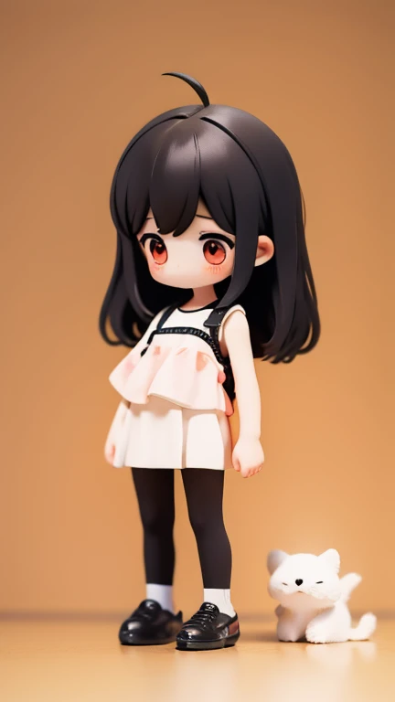 girl　Primary school students　若いgirl　小さいgirl　height: 130cm　Standing picture Simple design　The dress is a one-piece　camisole　No sleeve　Sleeveless　Long Hair　Long black hair　Hair is black　Red eyes　Shoulder-baring ahoge　Kokeshi
