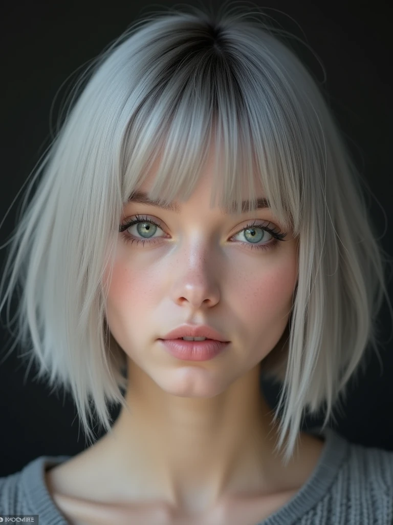 (RAW photo, best quality, masterpiece: 1.2), (photorealistic: 1.4), 18 years old, Beautiful Russian girl, solo, detail face, detail eyes, detailed skin, light gray eyes, light gray hair, short straight bob cut, Symmetrical eyes, medium breast, like a model, looking at viewer,