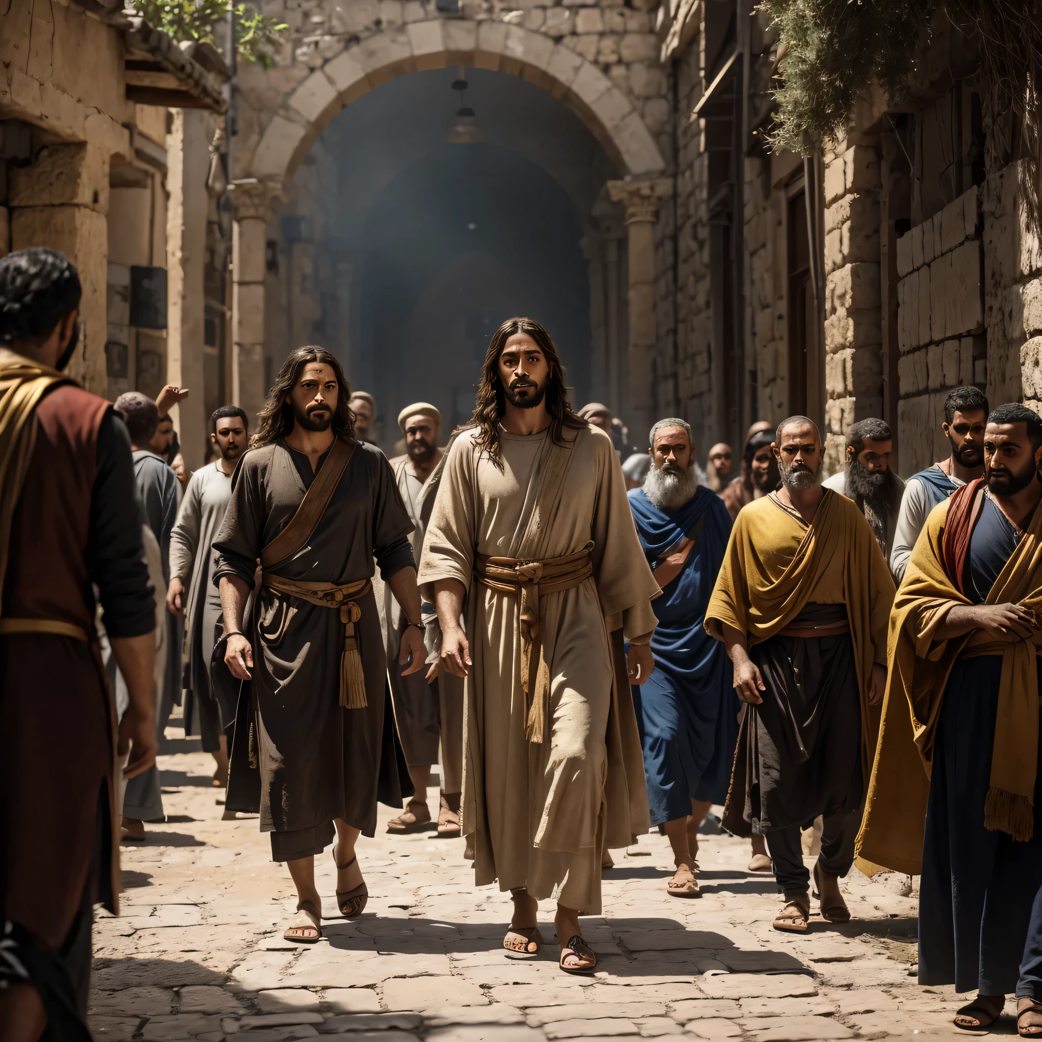 Jesus, illuminated by the intense midday sun, walks alongside his disciples, a talk unfolds to an attentive crowd gathered near the market of Capernaum, textures of ancient clothing and cobblestone streets reproducing the scene in cinematic detail, captured in 8K resolution, stunning realism, dramatic lighting, golden ratio composition.