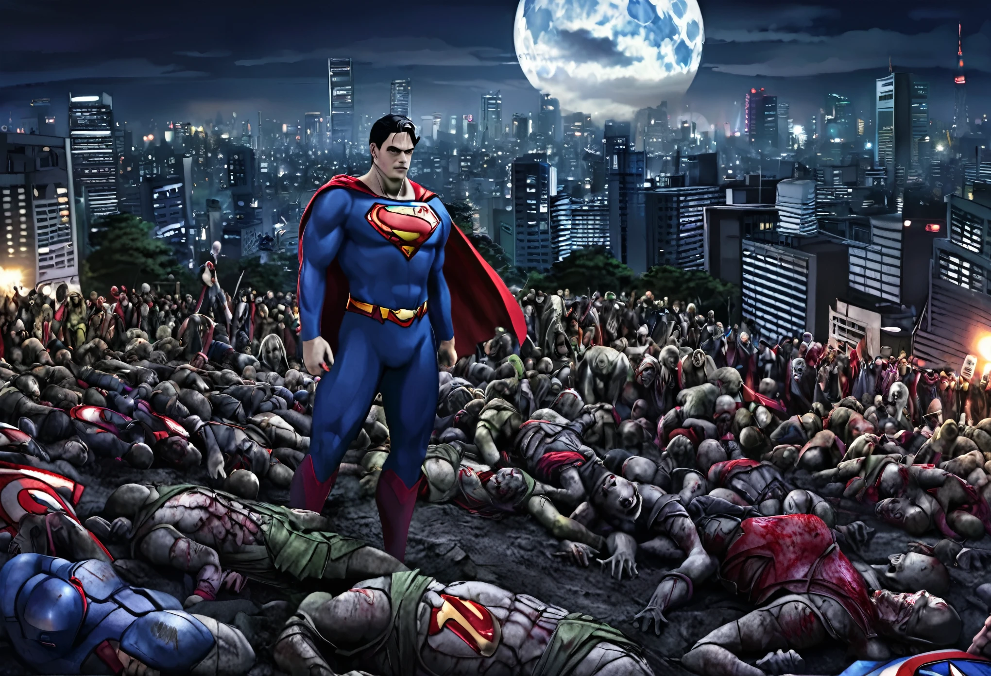 (A horde of undead, rotten, zombied, superheroes) rise from the ground and shamble towards Superman who is praying on a moonlit night, ruins of Tokyo