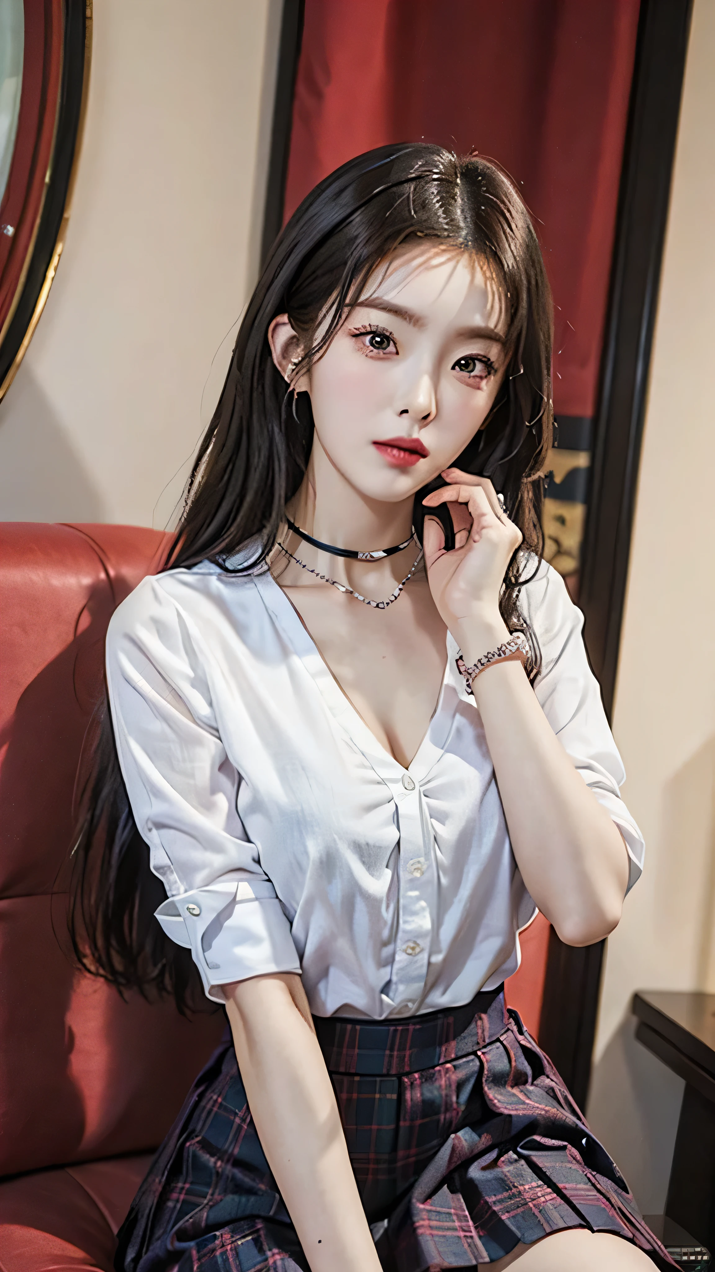 exposed, 큰 chest, 젖어서 chest이 보이는 흰색 shirt, masterpiece, best quality, whole body, 1 woman, forehead, black choker, black necktie, blond hair, panties, blush, bracelet, chest, choker, clothes approximately waist, clavicle, collared shirt, dress shirt, ear piercing, eyebrows visible through hair, gradient hair, 이를 드러내고 laugh, fix, bijouterie, Kogal, long hair, looking at viewer, loose necktie, necktie, piercing, plaid, plaid skirt, pleated skirt, red eyes, ring, , shirt, skirt, laugh, alone, sky, sitting on a chair inside a cafe,illustration, (Magazines:1.3), (sheathe-style:1.3), fashionable, female, vibrant, outfit, posing, front, fancy, dynamic, background, coercion, confidence, expression, possession, name, accessories, majestic, coil, approximately, touch, scene, texts, sheathe, brave, attracting attention, title, Refined, font, catchy, headline, bigger, striking, modern, Trend, Concentrate upon, fashion,