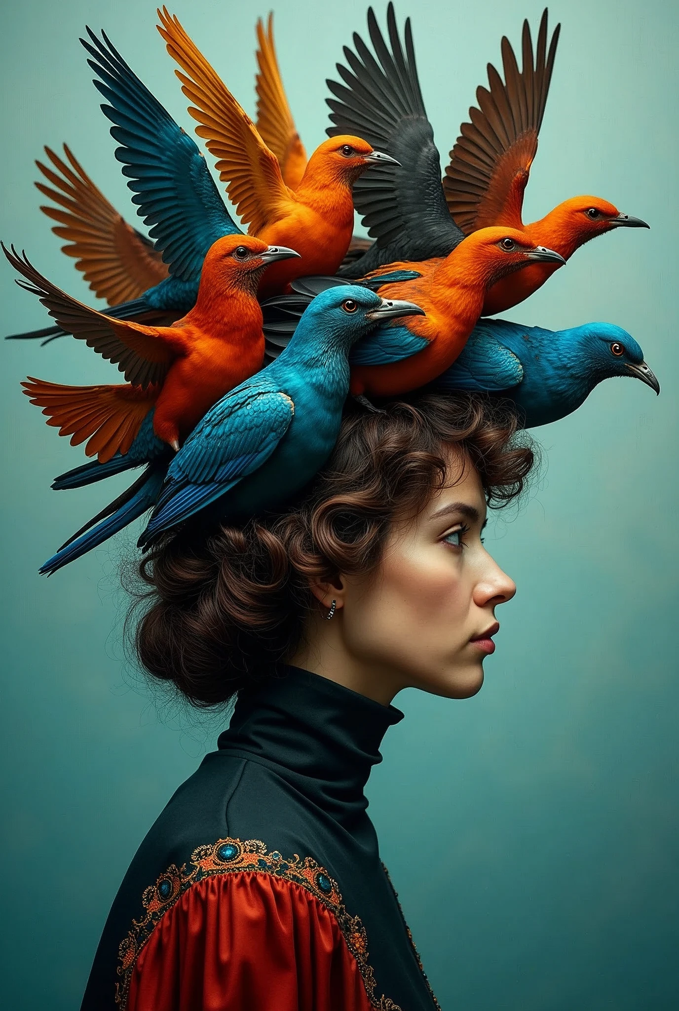 a piece of artwork that contains multiple birds, a woman and a lady, in the style of bertil nilsson, dark brown and azure, patricia piccinini, album covers, kerem beyit, powerful and emotive portraiture, 8k resolution