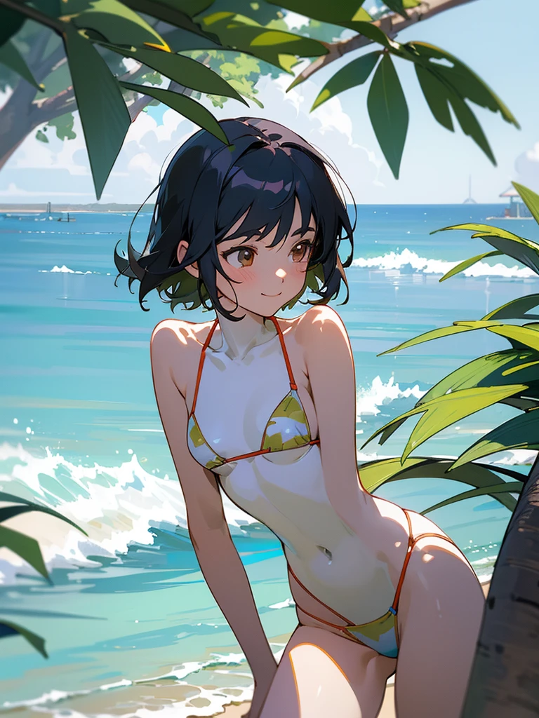  master piece, best quality, for below, cinematic angle, upper body , pigeon toed,  
Anime-style Moe illustration, yuri, summer vacation theme, 20-year-old, 2Girls, Beach,Tree Shade, short hair, 
Micro bikini, slightly inner thighs, smile, accurate drawing, Active pose, Active Angle, 