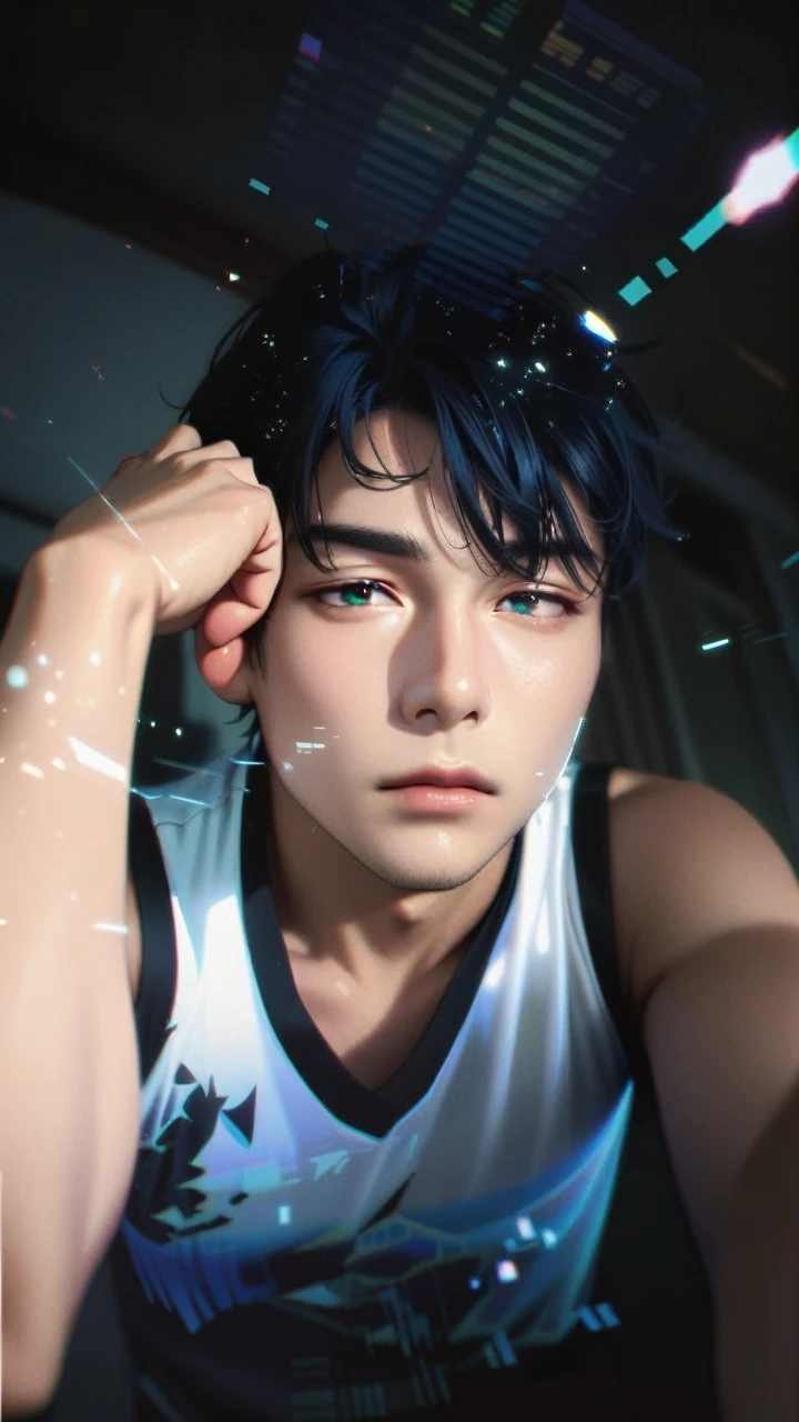 Masterpiece, Best Quality, Super Detailed, High Definition, Expensive Resolution, HDR, Super Detailed CG, Beautiful Details, Depth, Fine Texture, Super Fine, Complete concentration, Pale skin, Handsome man, smart and cool man, confident, short hair, black hair, blue hair highlight, beautiful detail eyes, emerald eyes, full details black tuxedo suit, blue trim, glasses, 1 male, pin a lily on one's chest, Cold face and eyes, closed mouth, ethereal atmosphere, lily garden, intricate details, volumetric lighting, atmospheric lighting, lens flare, particles, Cinematic light, colorful light, white colors schemes, Holding a white lily flower, fine detail, intricate, beautiful detailed glow, extremely detailed eyes and face, futuristic, hlpr, (hologram, glitch, holographic face, ui, interface, nodes),