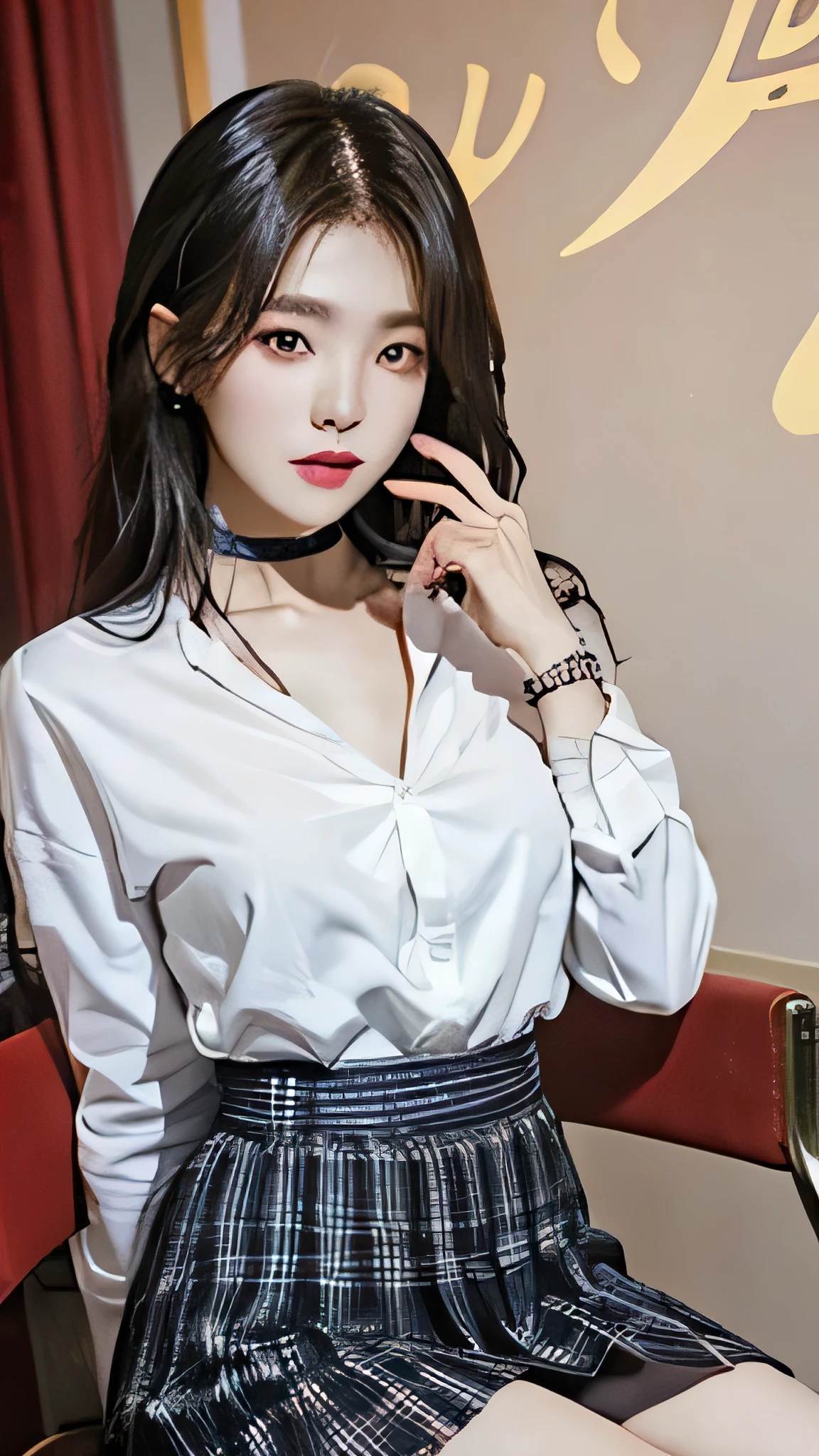 exposed, 큰 chest, 젖어서 chest이 보이는 흰색 shirt, masterpiece, best quality, whole body, 1 woman, forehead, black choker, black necktie, blond hair, panties, blush, bracelet, chest, choker, clothes approximately waist, clavicle, collared shirt,  dress shirt, ear piercing, eyebrows visible through hair, gradient hair, 이를 드러내고 laugh, fix, bijouterie, Kogal, long hair, looking at viewer, loose necktie, necktie, piercing, plaid, plaid skirt, pleated skirt, red eyes, ring, , shirt, skirt, laugh, alone, sky, sitting on a chair inside a cafe,illustration, (Magazines:1.3), (sheathe-style:1.3), fashionable, female, vibrant, outfit, posing, front, fancy, dynamic, background, coercion, confidence, expression, possession, name, accessories, majestic, coil, approximately, touch, scene, texts, sheathe, brave, attracting attention, title, Refined, font, catchy, headline, bigger, striking, modern, Trend, Concentrate upon, fashion,