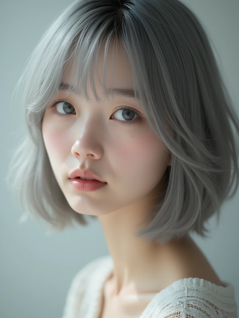 (RAW photo, best quality, masterpiece: 1.2), (photorealistic: 1.4), 18 years old, Beautiful korean girl, solo, detail face, detail eyes, detailed skin, light gray eyes, light gray hair, short straight bob cut, Symmetrical eyes, medium breast, like a model, looking at viewer,