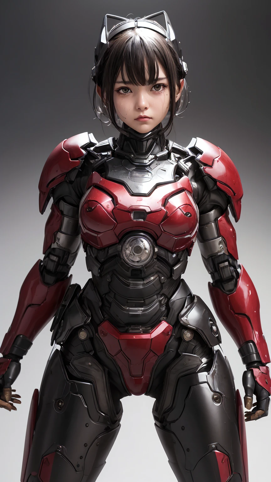 Textured skin, Super Detail, Attention to detail, high quality, 最high quality, High resolution, 1080P, hard disk, beautiful,(War Machine),beautifulサイボーグ女性,Red Mecha Cyborg Girl,battle,Girl with a mechanical body,、Junior high school girl Very Short Hair、Sweaty brown eyes、Sweaty face、Embarrassed expression blush cute Black-haired ((Steam coming out of the head)) Glasses squat Spread your legs M foot opening (Shyness)
