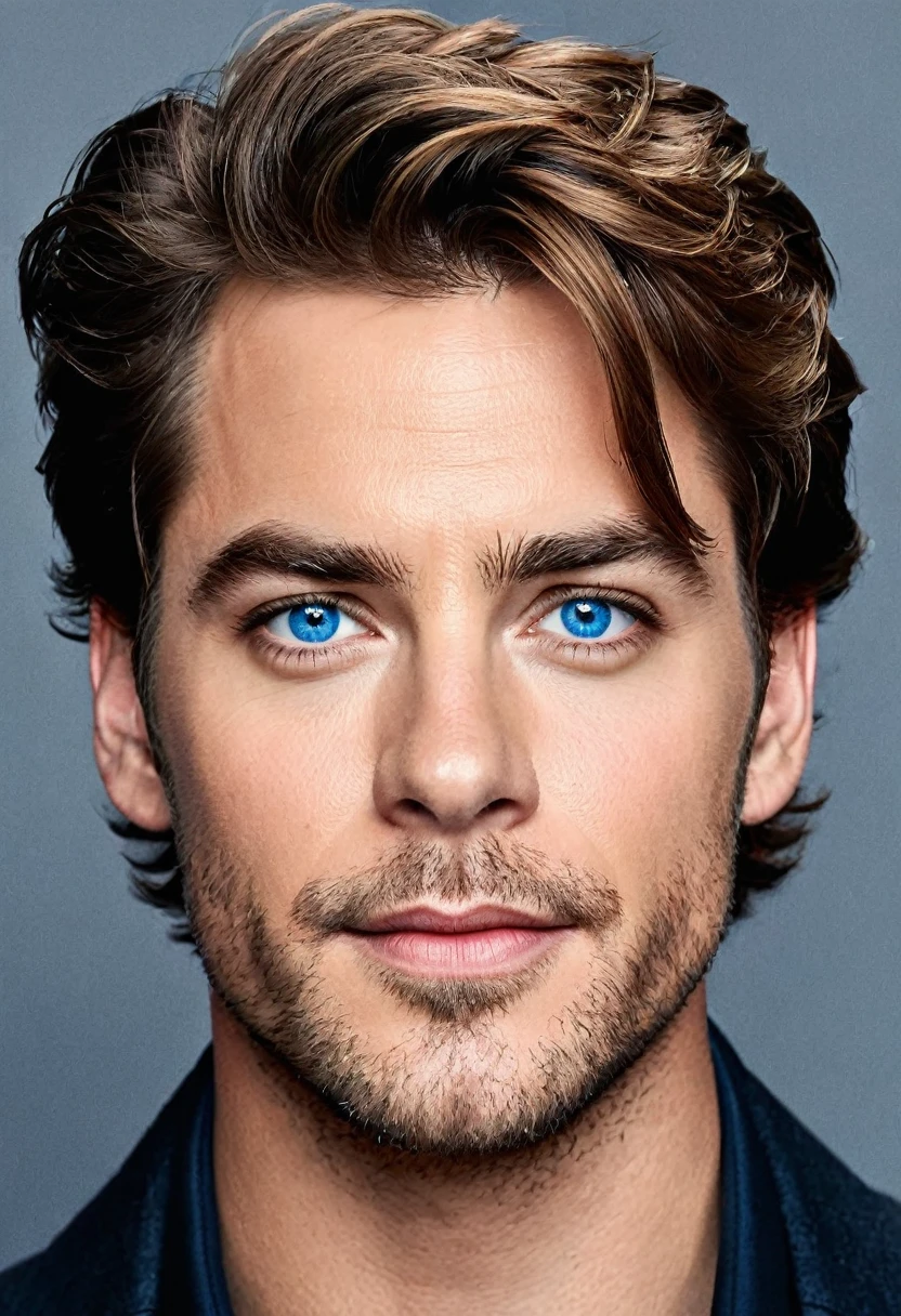 A portrait of a handsome Caucasian male whose facial features are a combo of Chris Pine + Drew Fuller + Chris Wood + Christopher Mintz-Plasse + Aaron Taylor-Johnson + Robert Downey, Jr. + Tom Holland + Andrew Garfield + Tobey Maguire + K.J. Apa. The male is 18 years old. The male is of Irish, Polish, and Dutch ancestry. The male has tousled brown hair and blue eyes. The male is clean-shaven. The male is dressed in the geek-chic fashion. The male looks playful yet kindly. Symmetrical eyes. Symmetrical face. Great details. Photorealistic. Full-colored photo. Professional photo. Highly detailed 8K.