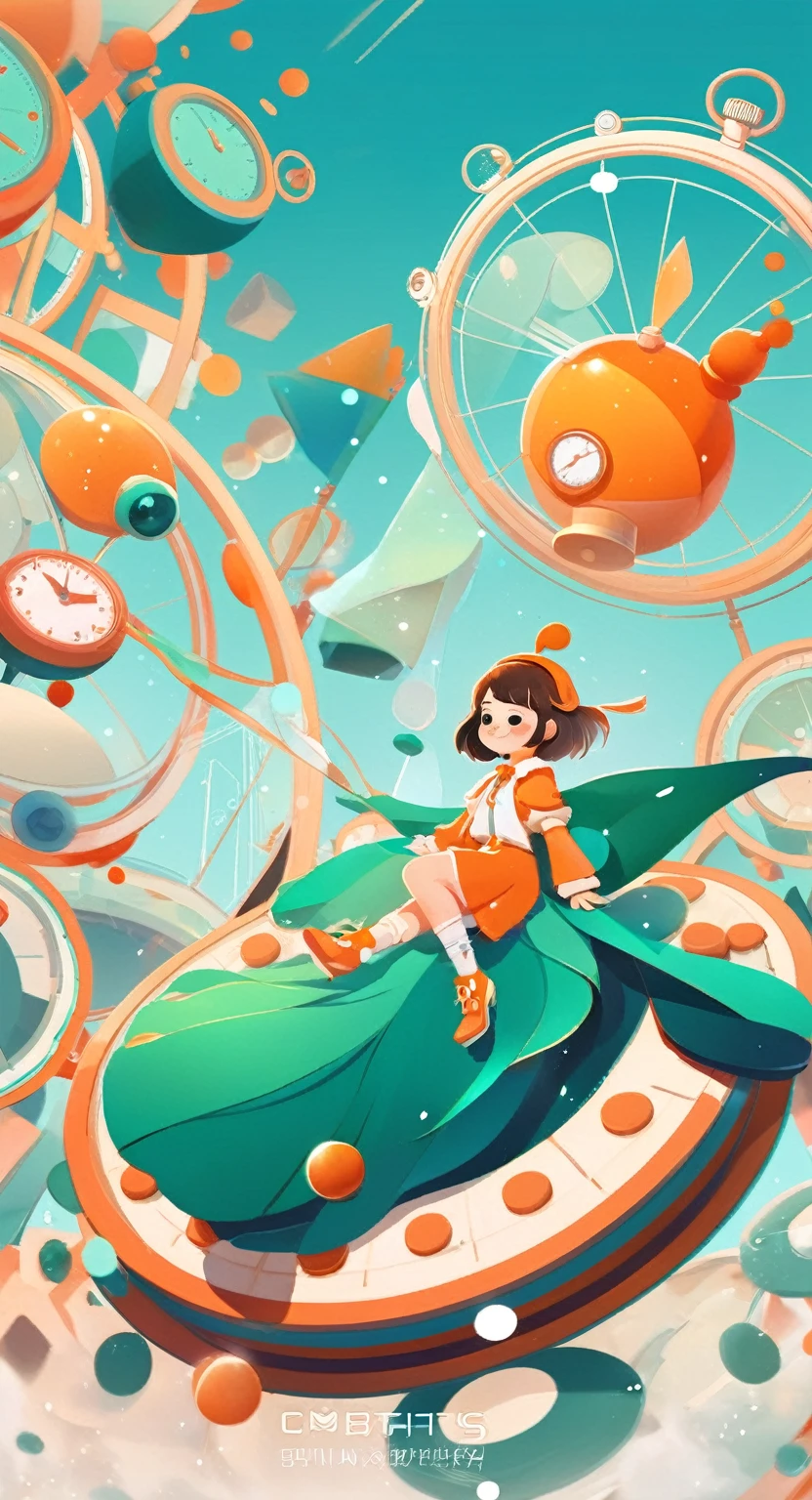 an artwork, Stopwatchm, in the style of 2d game art, characterized girl, dmitry vishnevsky, orange and emerald, cute and dreamy, editorial illustrations, zeiss batis 18mm f/2.8