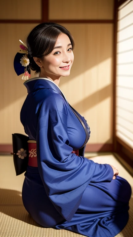 Mature attractive sexy woman,50 years old, ((kimono)),((ultramarine))、(((kimono))),Shut,((Big Breasts:1.3)),(Facial wrinkles:1.3),light makeup,Light brown hair,Long Hair,(Full body photo:0.85),(Emphasize big buttocks),8k, RAW Photos, Highest quality, Laughter,masterpiece,Highest quality、A kind smile、A captivating gaze、Random Hairstyles、Japanese-style room、Shoji Screen、lanthanum、