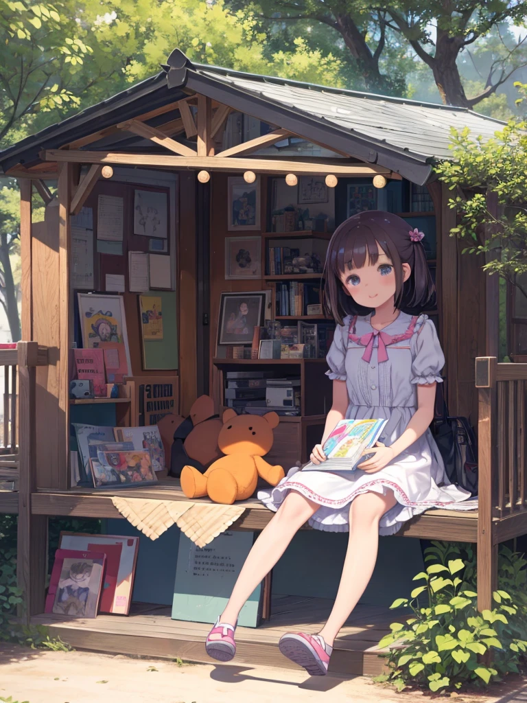 1 girl, (exterior:1.1), like々With a cute and innocent aura, Wearing cute dresses or tops with shorts or skirts, Pair with sneakers or sandals, With a bright and cheerful look on her face, Playing with toys、Read books, With stuffed animals, doll, Or the art supplies scattered around her., Create a playful and imaginative environment. or, She may be seen spending time with friends and family, Laughing and chatting in the park or on a picnic, wood and, Flowers, Nature in the background, manga, manga style, Black and White