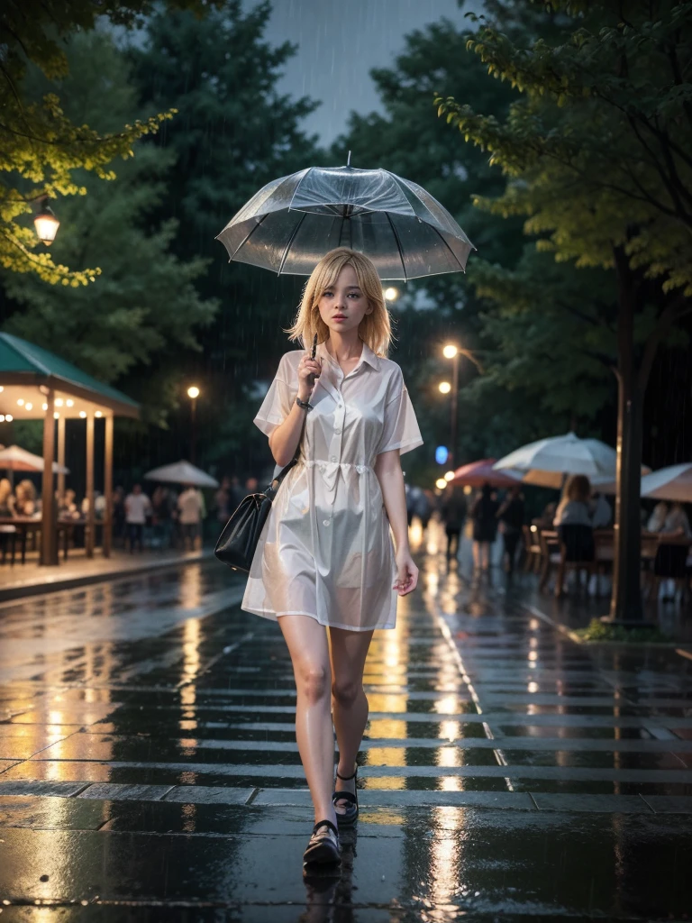 Blonde girl walking in the rain on a summer night in the park in front of an illuminated cafe