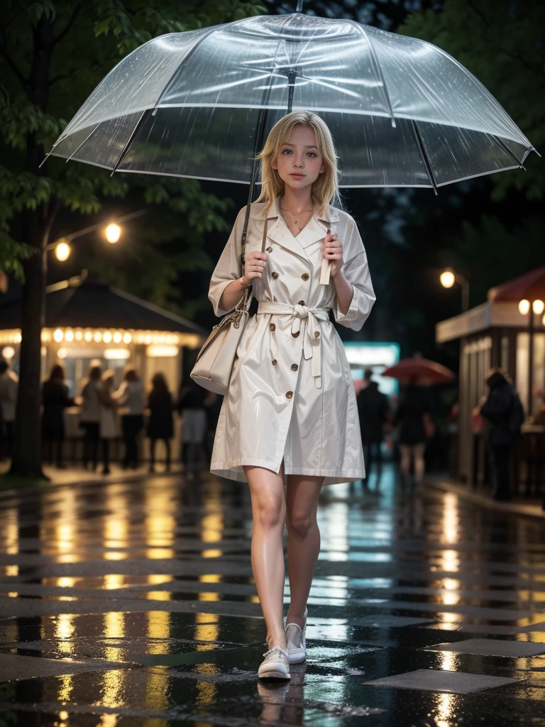 Blonde girl walking in the rain on a summer night in the park in front of an illuminated cafe