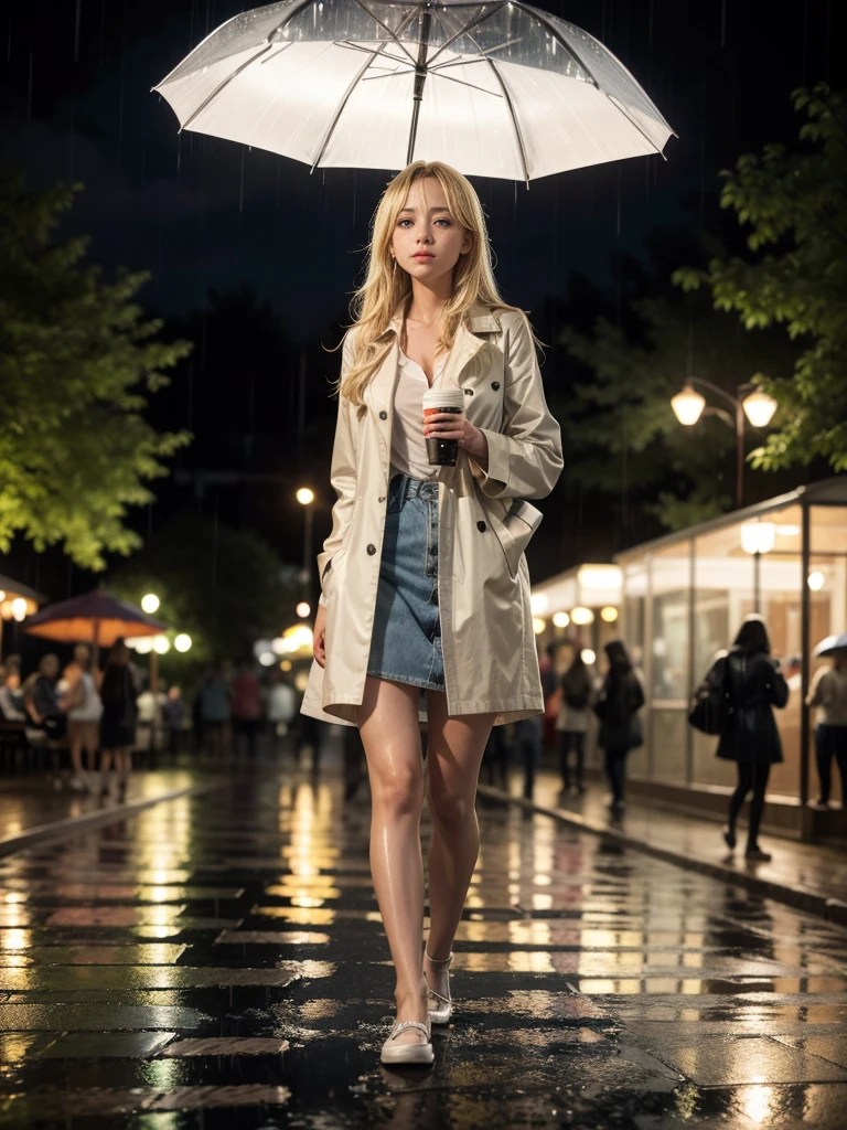 Blonde girl walking in the rain on a summer night in the park in front of an illuminated cafe