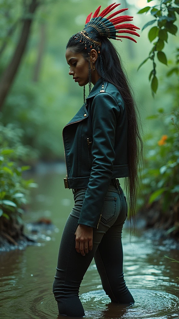 grainy film photo, documentary setting, a woman in high heels and flared jeans,biker jacket, desperate stuck in bog, victim of ritual, sexy posing, seductive posing, wearing a victim headdress and traditional indigenous makeup, side view, turns around, gaze, flirt, noir, red, green, blue