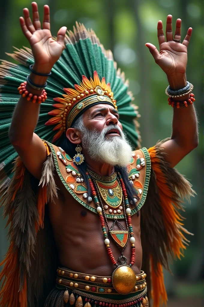 Ahau or Mayan ruler with a crown of quetzal feathers and elaborate costumes made of fine fabrics decorated with jewels and seashells. elderly indigenous man, full body tribal chief, raising hands to heaven worshiping gods