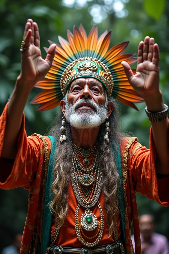 Ahau or Mayan ruler with a crown of quetzal feathers and elaborate costumes made of fine fabrics decorated with jewels and seashells. elderly indigenous man, full body tribal chief, raising hands to heaven worshiping gods 