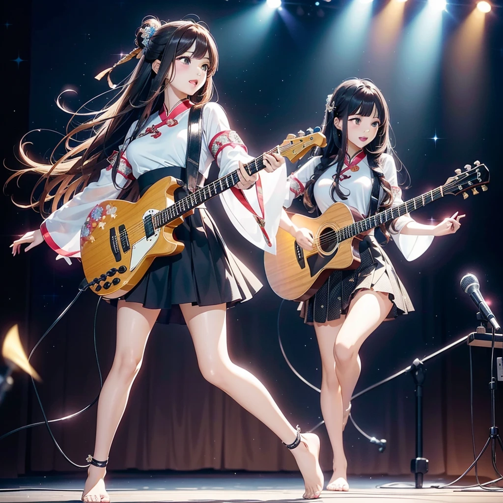 An idol singer，A cute brown-haired girl and a long black-haired beauty with outer space background, double lead vocals and guitar２People face to face, , Sing and dance happily、Beautiful girl barefoot in a flared skirt、Fishnet beauty in tight skirt、Hanfu、cheongsam，Very smooth haine hair，Very fine hair，Young shiny hair、(Original Photography、Top quality:1.5)、(Realist、Photorealistic:1.5)