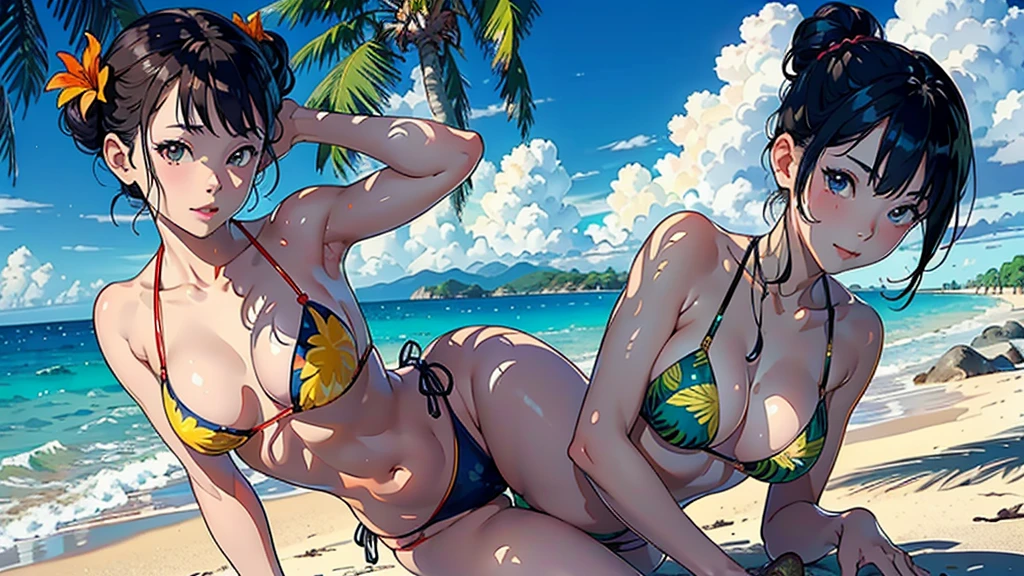 ((Highest quality, masterpiece, High resolution))、Beautiful Japanese Women、((Anime Art))、 ((2 women))、18-year-old、(We are both good friends)、(They touch cheeks)、 (Detailed depiction of a beautiful face)、Smiling Kindly、Realistic Face、 Small breasts、Slim figure、Medium Short Hair、semi-long、Hair Bun、Wet see-through bikini、Bikini Swimwear、One piece swimsuit、The waist is wrapped in fabric with bold ethnic patterns and plenty of primary colors..。.、Realistic Skin、Wet、whole body、(Beautiful tropical beach landscape photography)、Cinematic Light、tropical、(Flowers on the Beach)、Against the background of palm trees、On the sunny beach、With the sea in the background、Squall、rainbow、Blur the background、