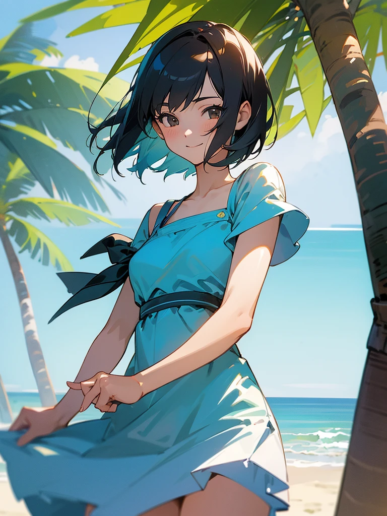  master piece, best quality, for below, cinematic angle, upper body , pigeon toed,  
Anime-style Moe illustration, yuri, summer vacation theme, 20-year-old, 2Girls, Beach,Tree Shade, short hair, 
Summer Dress, slightly inner thighs, smile, accurate drawing, Active pose, Active Angle, 