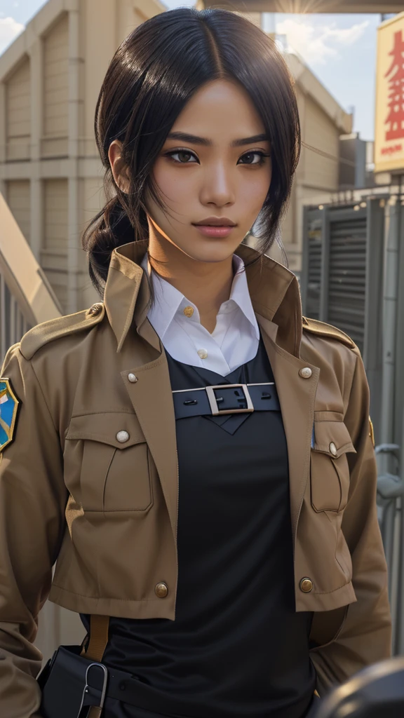 Arabian woman in uniform standing in front of a man, Attack on Titanより, Attack on Titan, Live-action movie stills, JK Uniform, Sunku, Attack on Titanアニメスタイル, Realistic cosplay, (Attack on Titanアニメ), shingeki no kyojin, Professional Cosplay, Similar to Annie Leonhart, Renji Murata and Artgerm
