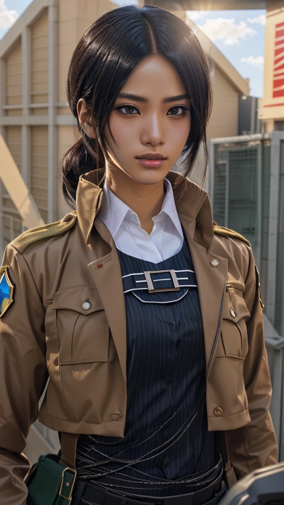 Arabian woman in uniform standing in front of a man, Attack on Titanより, Attack on Titan, Live-action movie stills, JK Uniform, Sunku, Attack on Titanアニメスタイル, Realistic cosplay, (Attack on Titanアニメ), shingeki no kyojin, Professional Cosplay, Similar to Annie Leonhart, Renji Murata and Artgerm