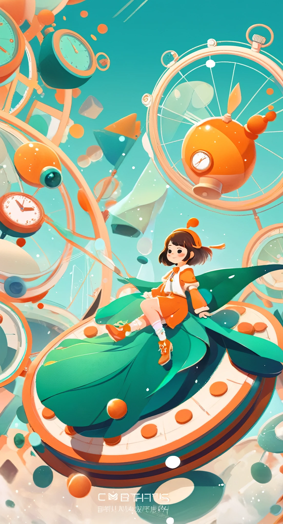 an artwork, Stopwatchm, in the style of 2d game art, characterized girl, dmitry vishnevsky, orange and emerald, cute and dreamy, editorial illustrations, zeiss batis 18mm f/2.8