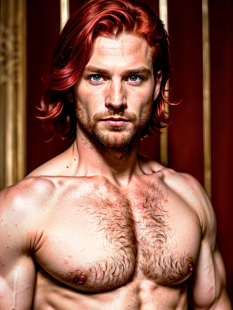 Masterpiece, (((35-year-old cherry red-hair Man with beautiful face))) (((focus on eyes: Pretty eyes))) (((Fantasy: Middle age))) Duke. Ducal clothing. (((accurate hands, accurate eyes))) very detailed 8k HD high definition detailed realistic, skin detailed texture (((accurate male anatomy)))