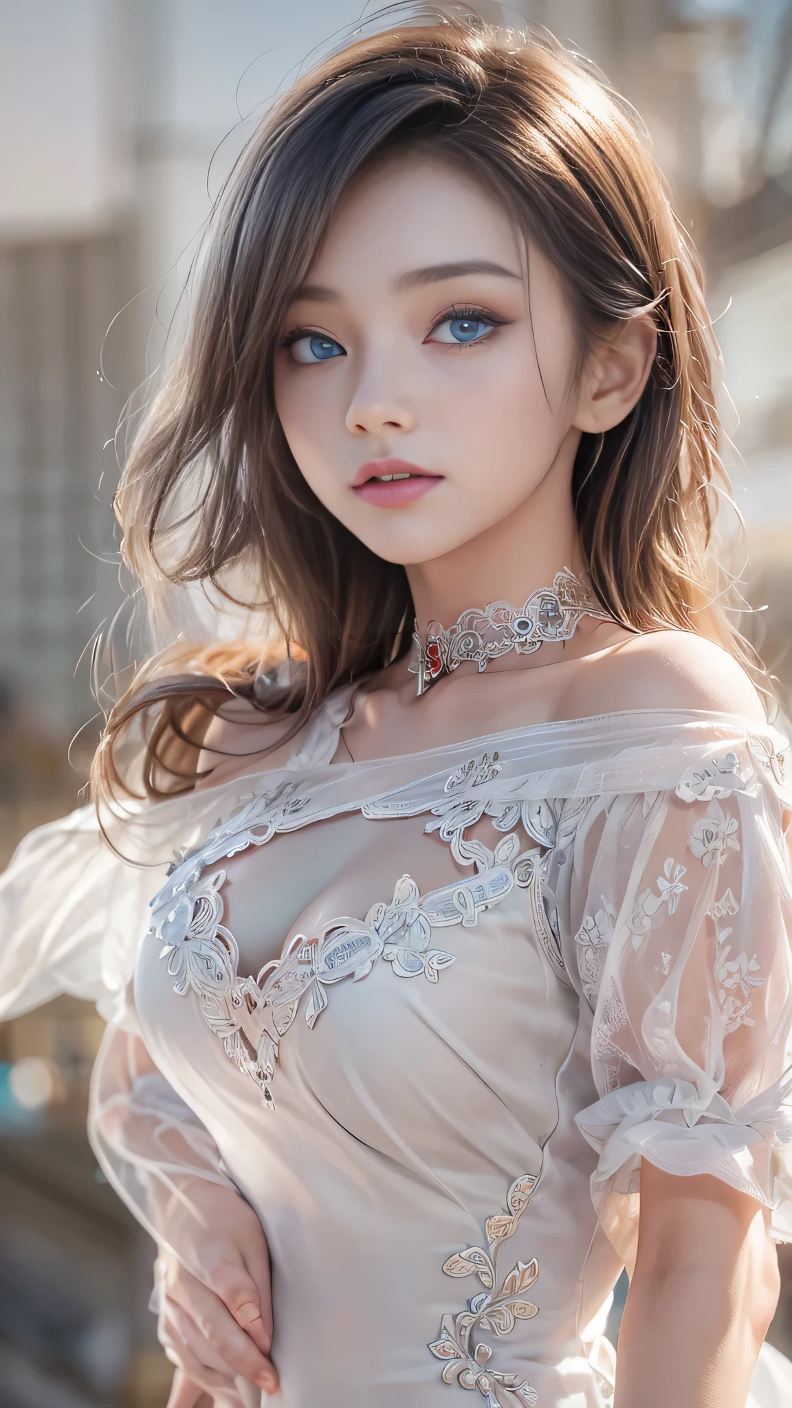 (Girl in a semi-transparent one-shoulder white miniskirt dress),(Rear view)、(look back)、 (フォトRealistic:1.4), (ハイパーRealistic:1.4), (Realistic:1.3), (Smooth lighting:1.05), (Cinematic Lighting Quality Improvements:0.9),. 32K, 1 Girl,20 year old girl, Realistic lighting, Backlight, Face light, Ray tracing, (Brightening light:1. 2), (Image quality improvement:1.4), (Highest quality realistic textured skin:1. 4),(Big Blue Eyes), Detailed drawn eyes、Detailed painted face、Fine textured eyes、(tired、sleepy、satisfaction:0.0)、A shirt that shows off a lot of cleavage、(Accentuates the body line:1.1)、(Beautiful textured skin:1.1)、(Red petals are flying)、(Black lace panties are visible)、Slim long legs、